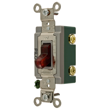 HUBBELL WIRING DEVICE-KELLEMS Extra Heavy Duty Industrial Grade, Pilot Light Toggle Switches, General Purpose AC, Double Pole, 30A 120/277V AC, Back and Side Wired Toggle HBL3032PL